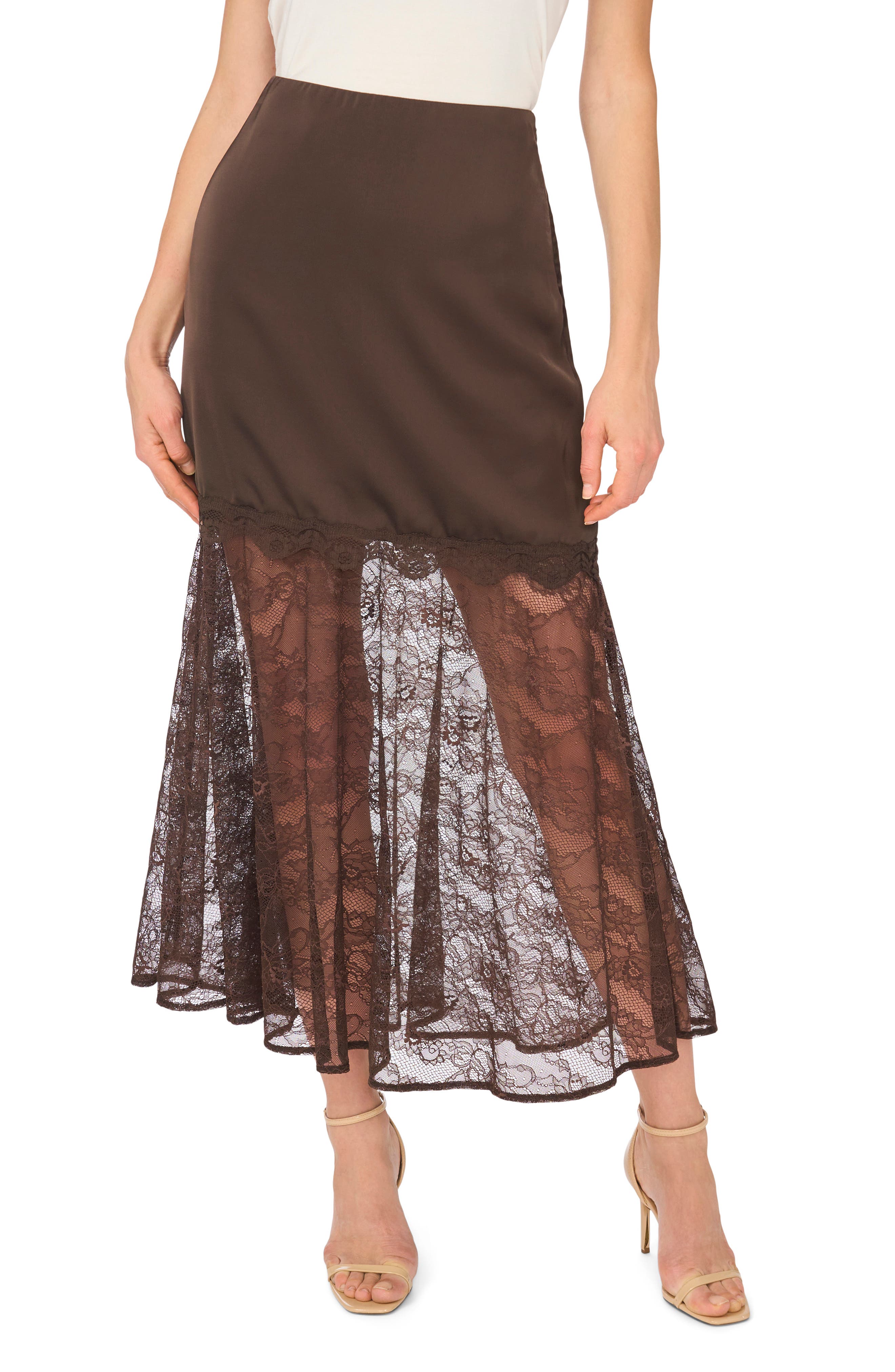 Lace Detail Satin Midi Skirt