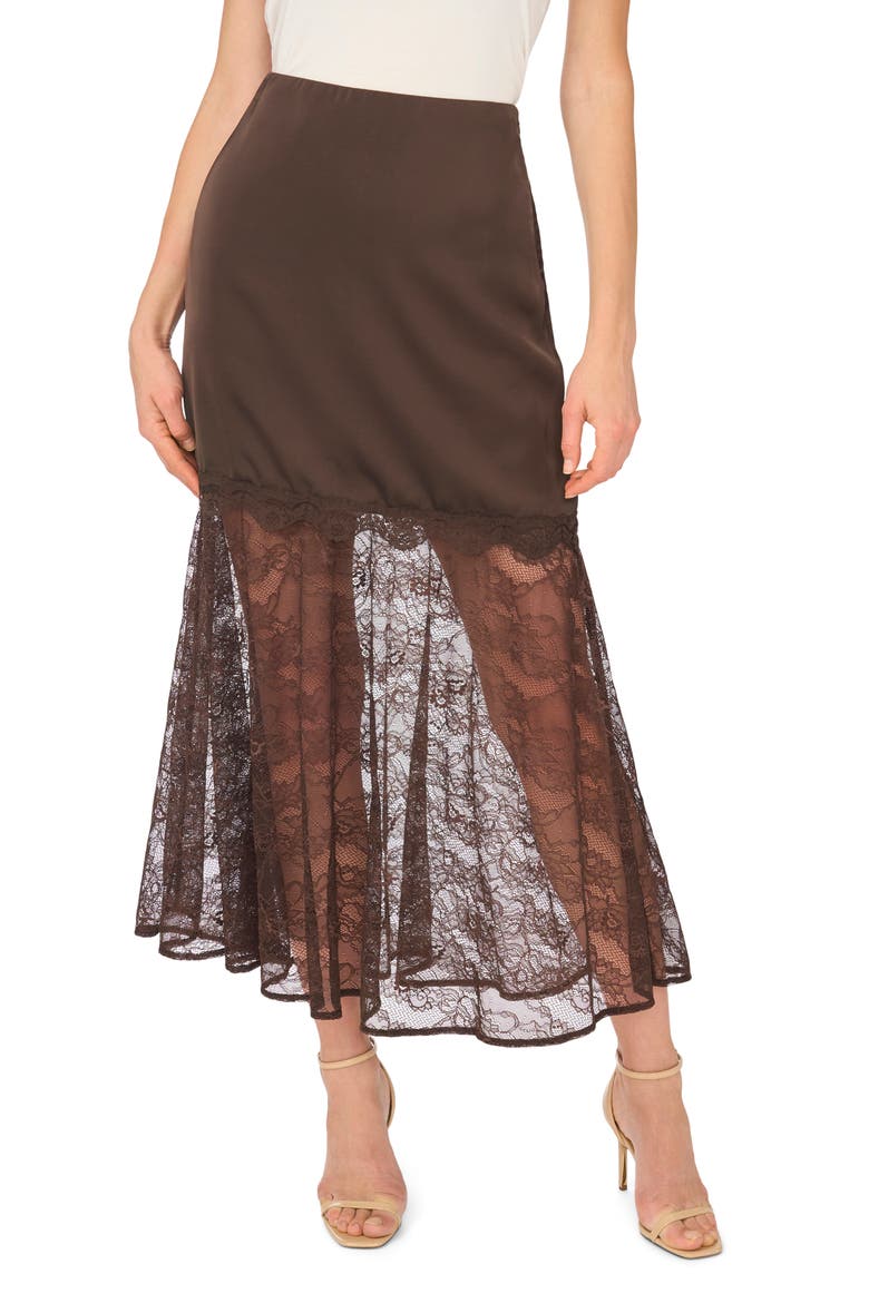 Lace Detail Satin Midi Skirt, Main, color, CHOCOLATE PLUM