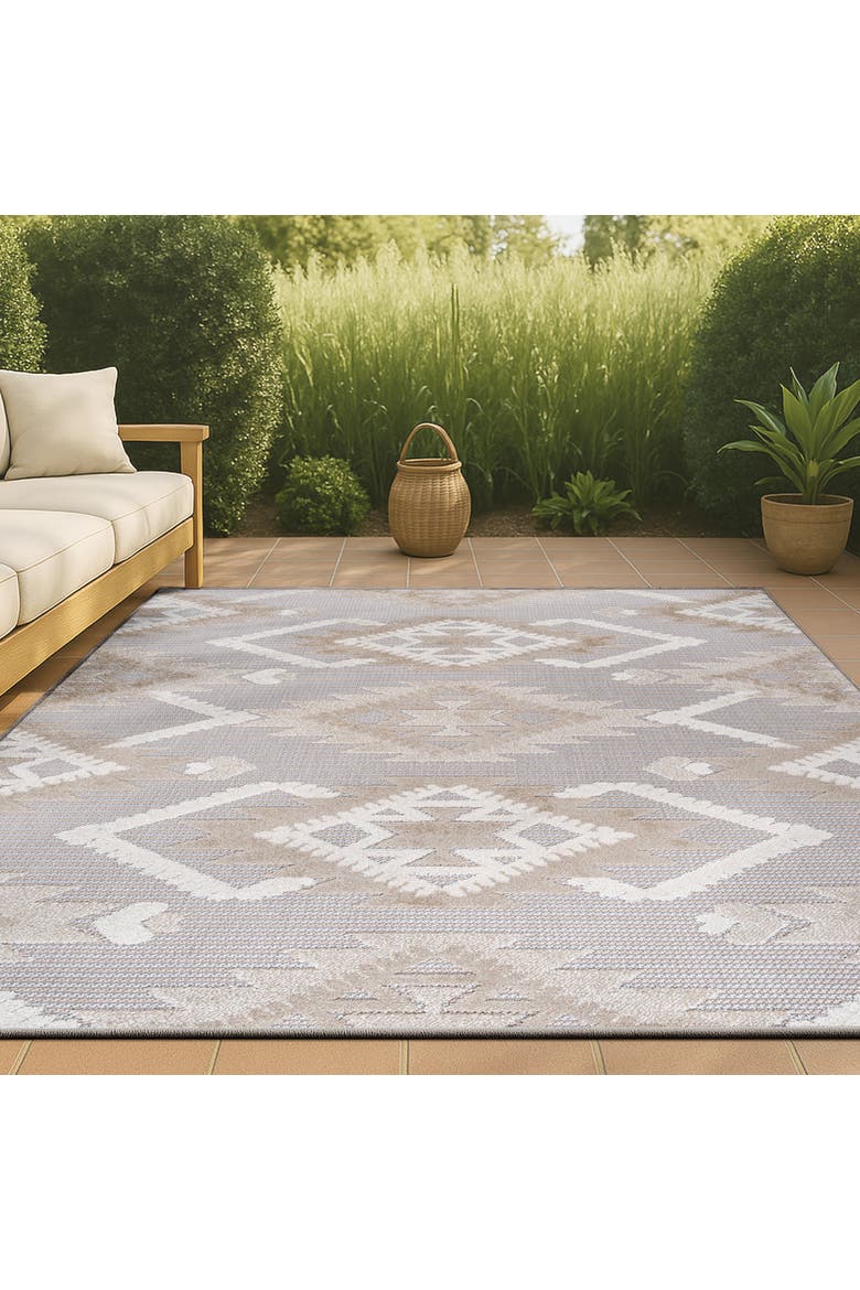 Sumak High-Low Pile Neutral Diamond Kilim Indoor/Outdoor Area Rug, Alternate, color, Beige/Gray