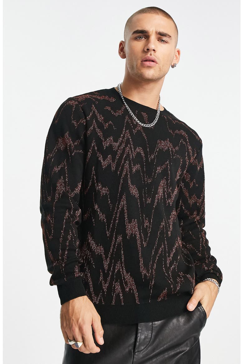 Metallic Wavy Jacquard Pullover Sweater, Main, color, BLACK