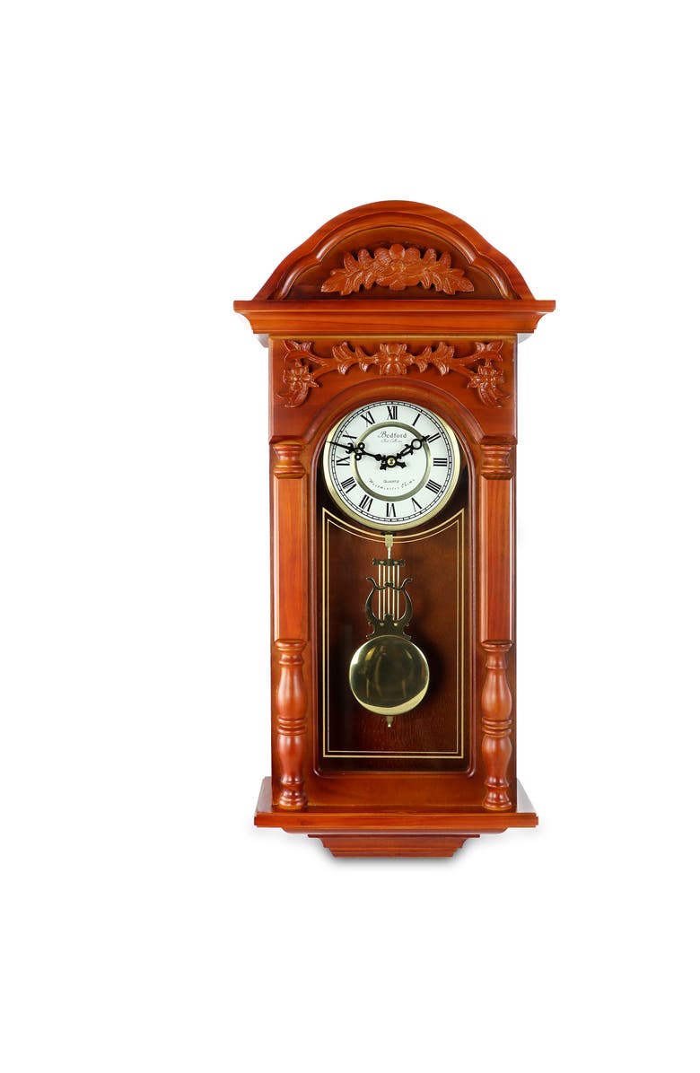 Bedford Clock Collection 27.5in Oak Finish Pendulum Wall Clock, Main, color, Warm Oak