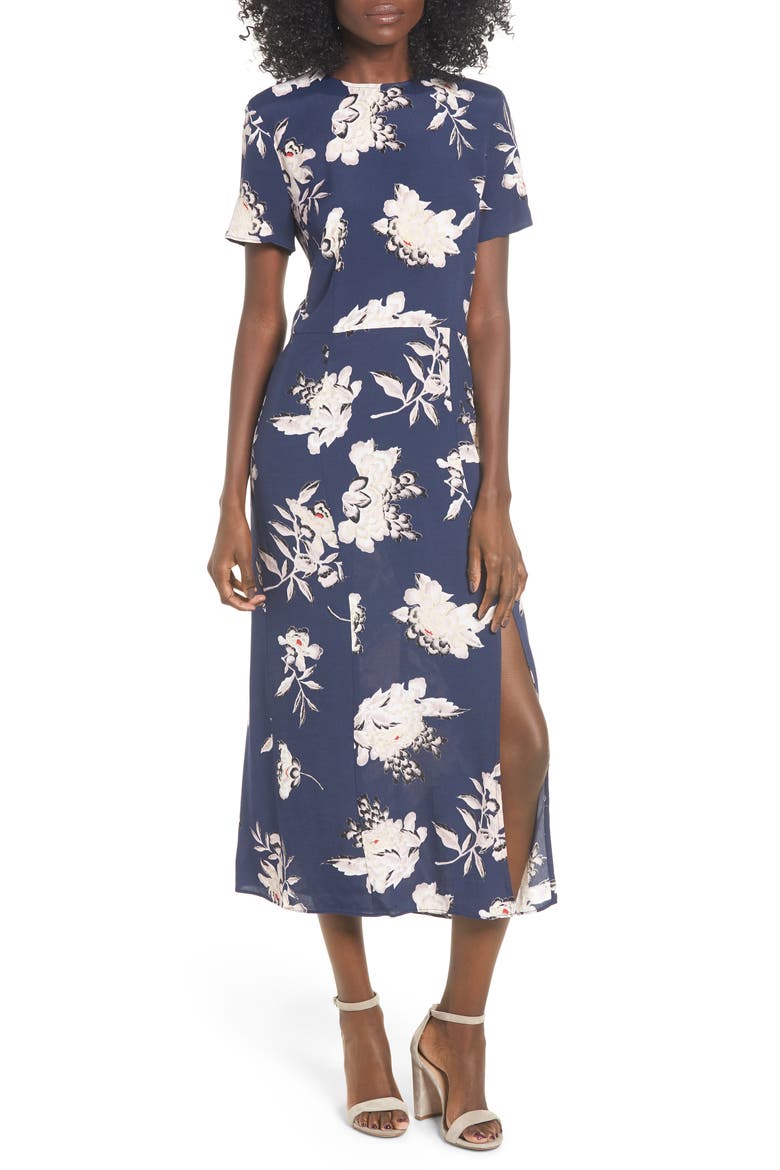 Print Midi Dress, Main, color, NAVY PEACOAT KIMONO FLORAL