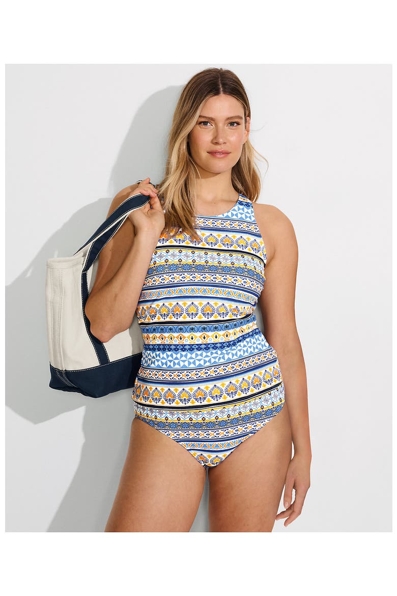 D-Cup Tugless High Neck Strappy Back Tankini Swimsuit Top, Alternate, color, White Mosaic Multi Stripe