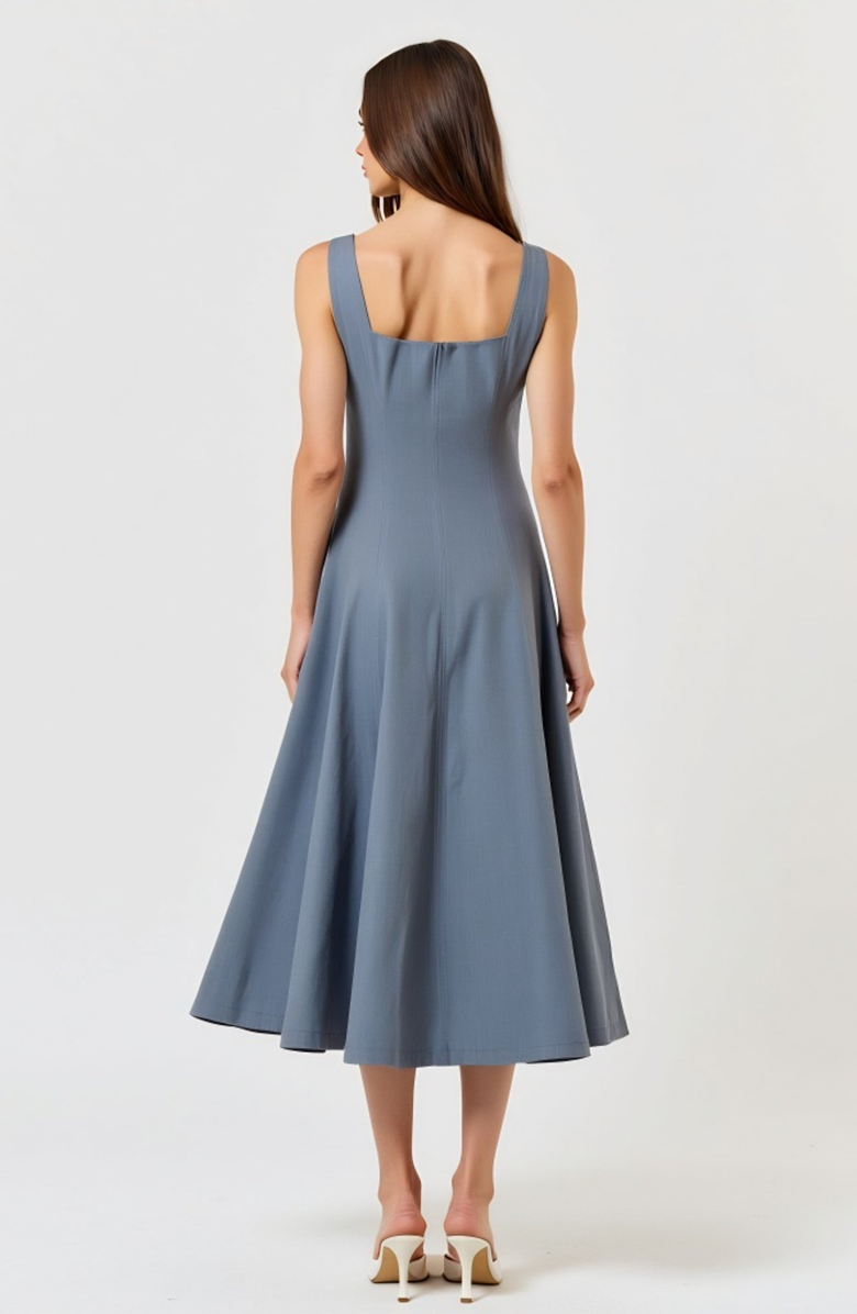 Modenaire Wide Strap Square Neck Midi Dress with Fit and Flare Silhouette, Alternate, color, Blue-Gray