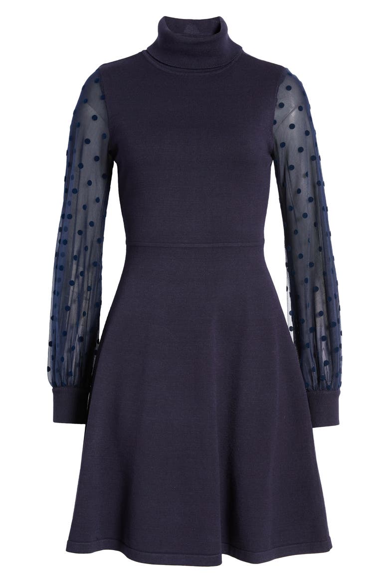 Mixed Media Long Sleeve Fit & Flare Dress, Alternate, color, NAVY
