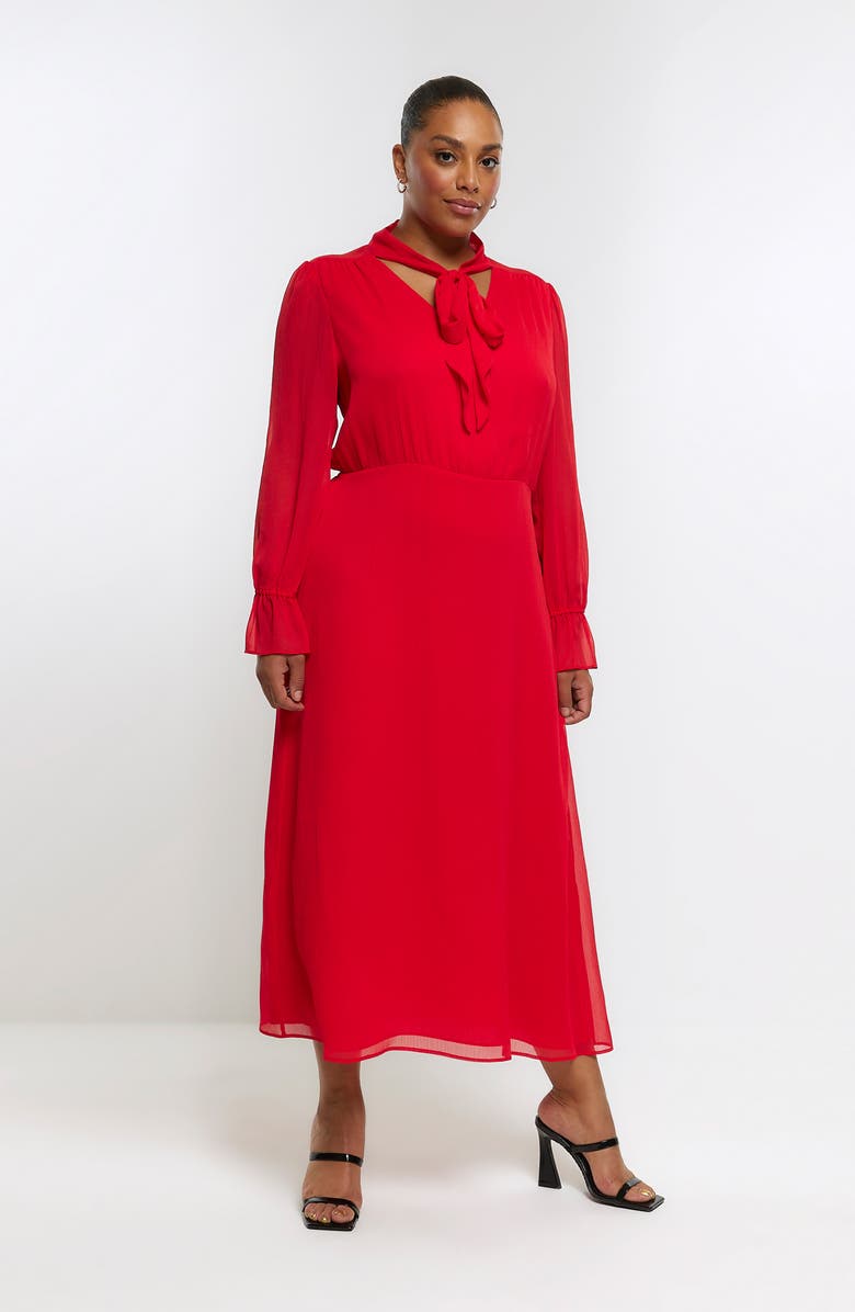 River Island Pussybow Long Sleeve Chiffon Midi Dress | Nordstrom