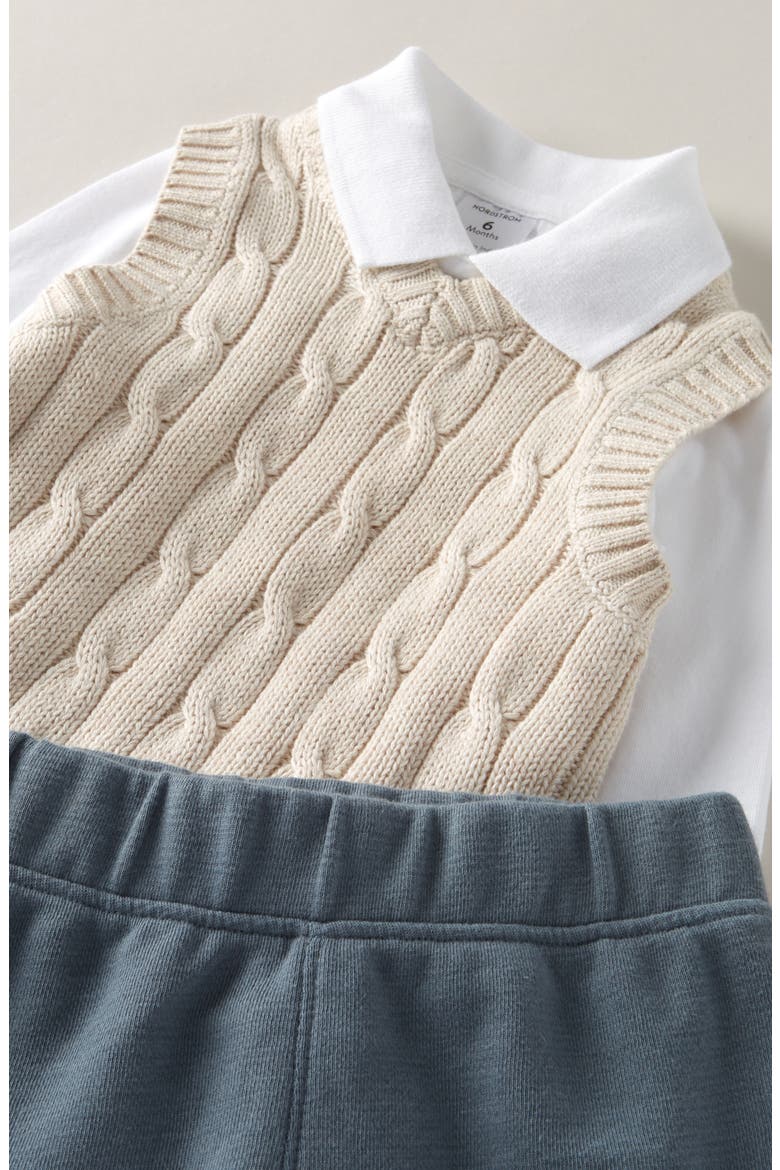 Dressed Up Cable Stitch Vest, Bodysuit & Pants Set, Alternate, color, BEIGE O- WHITE BLUE WEATHER