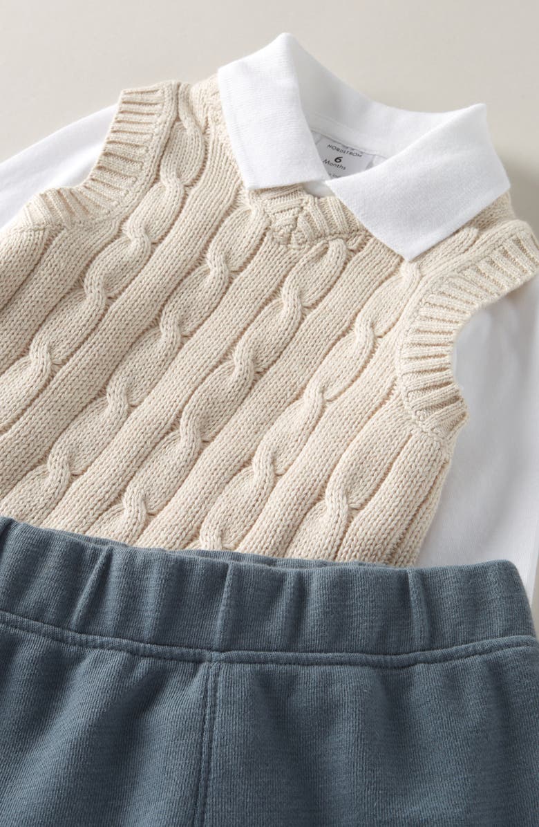 Nordstrom Dressed Up Cable Stitch Vest, Bodysuit & Pants Set, Alternate, color, Beige O- White Blue Weather
