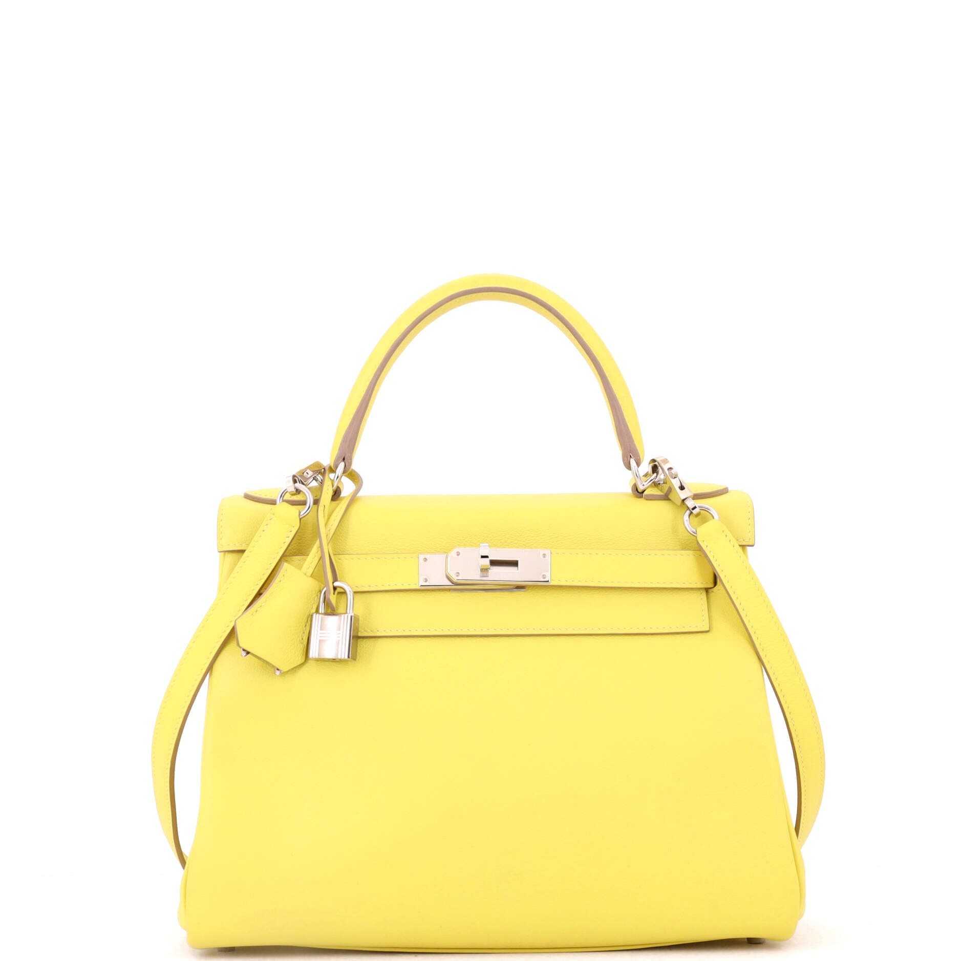 Pre-Owned Hermes Kelly Handbag Yellow Evercolor with Palladium Hardware 28, Main, color, 