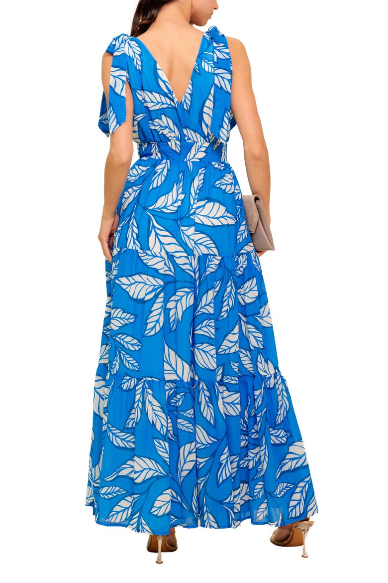 Leaf Print Tie Strap Tiered Maxi Dress, Alternate, color, BLUE/ IVORY
