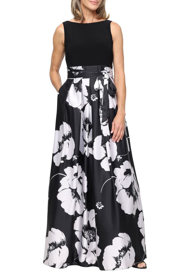 Floral Print Satin Gown, Main, color, BLACK IVORY