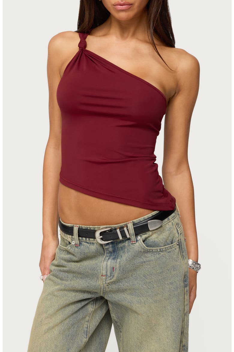 Knotted One-Shoulder Asymmetric Crop Top, Main, color, BURGUNDY