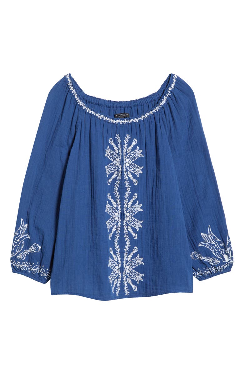Liverpool Los Angeles Embroidered Cotton Peasant Top, Alternate, color, Liberty Blue