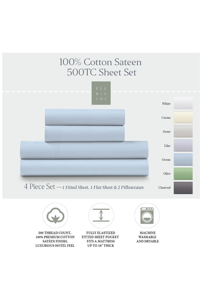 500 Thread Count Cotton Sateen 4-Piece Sheet Set, Alternate, color, OCEAN