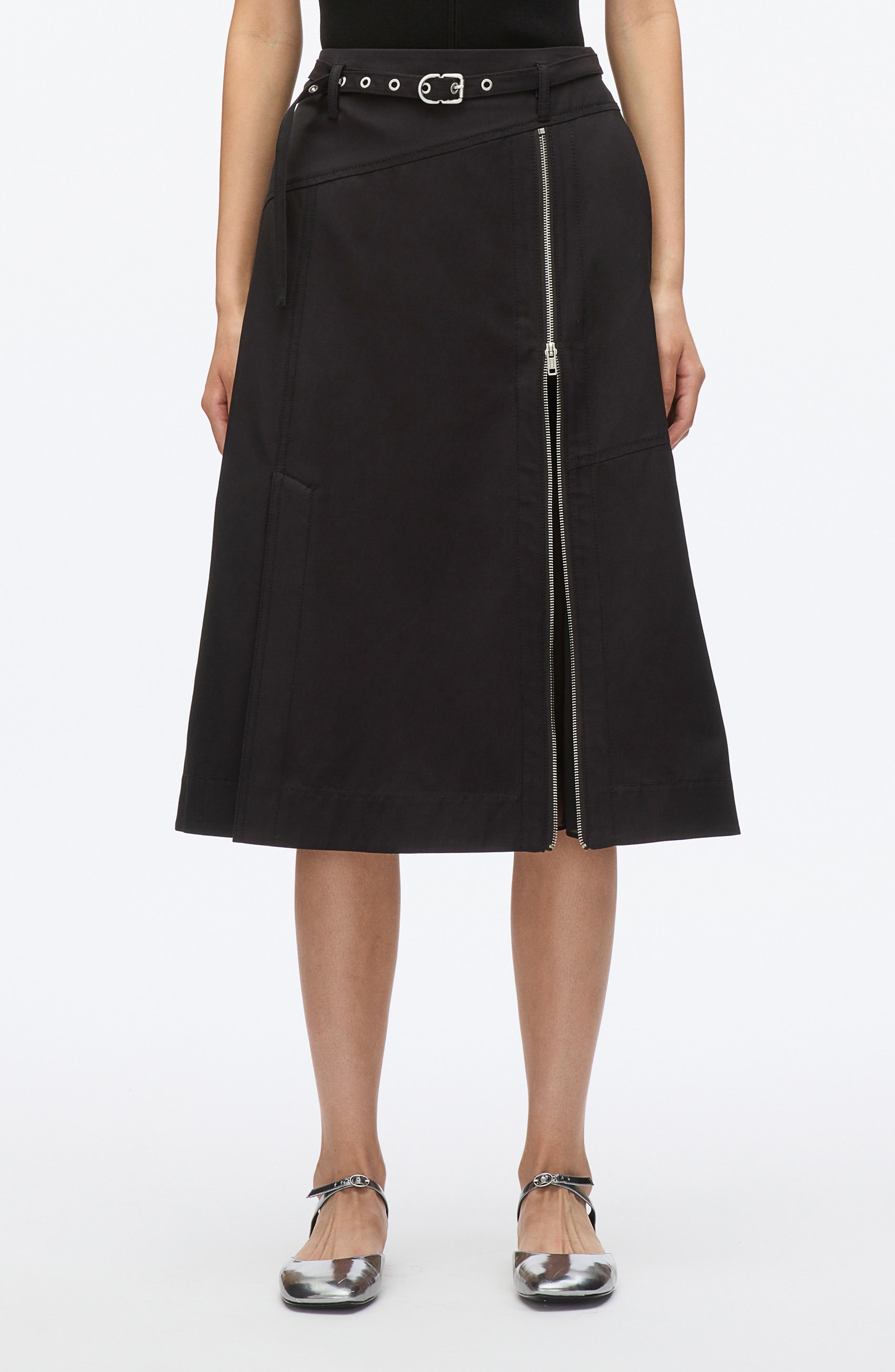 Belted Utility Cotton Blend Midi Skirt
