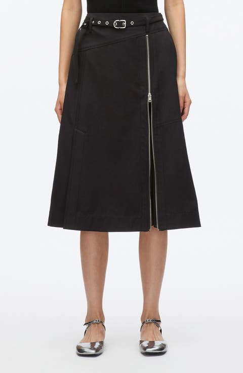 Belted Utility Cotton Blend Midi Skirt
