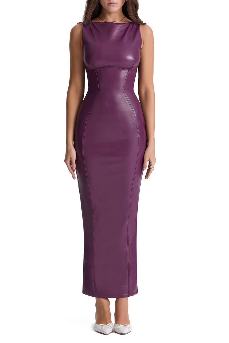 Sahara Faux Leather Body-Con Maxi Dress, Main, color, MERLOT