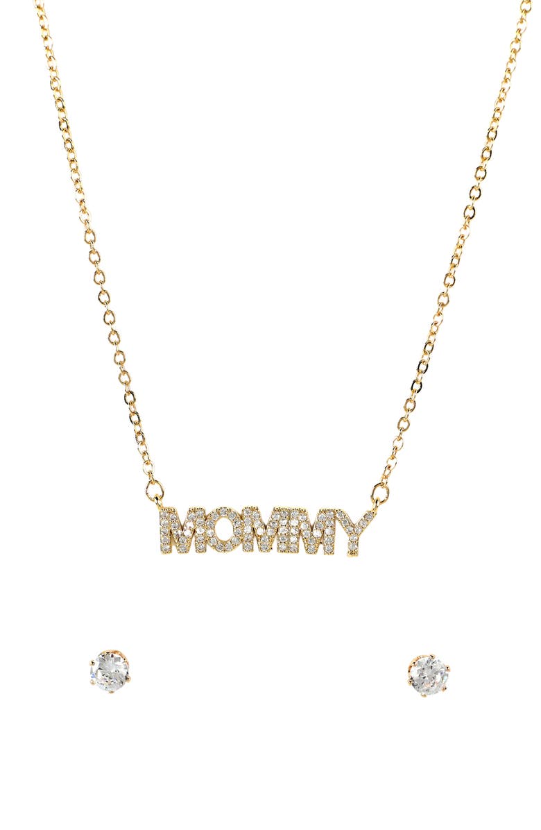 Danecraft Mommy Necklace & Cubic Zirconia Stud Earrings Set, Alternate, color, Metallic Gold
