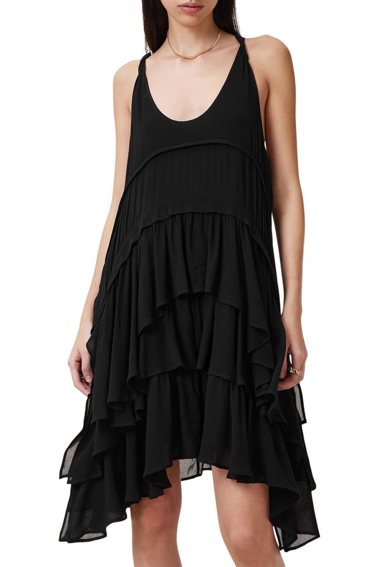Cavarly Tiered Asymmetric Hem Dress, Alternate, color, BLACK