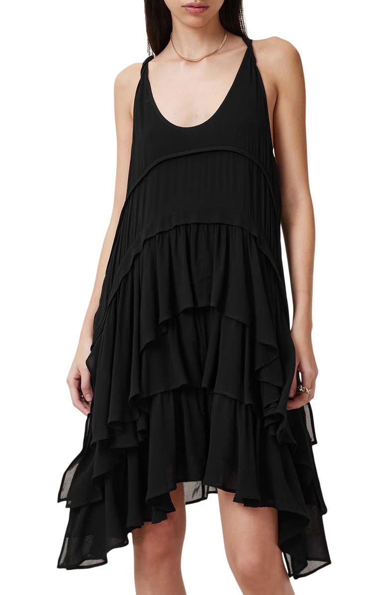 AllSaints Cavarly Tiered Asymmetric Hem Dress, Alternate, color,