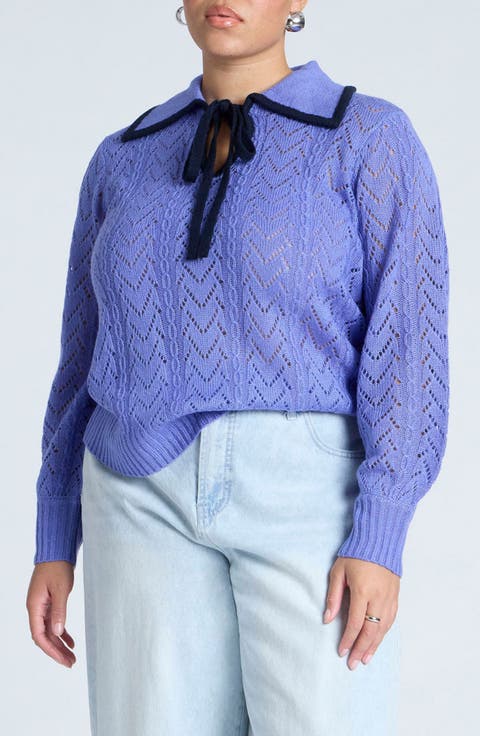 Collared Pointelle Stitch Sweater (Plus)