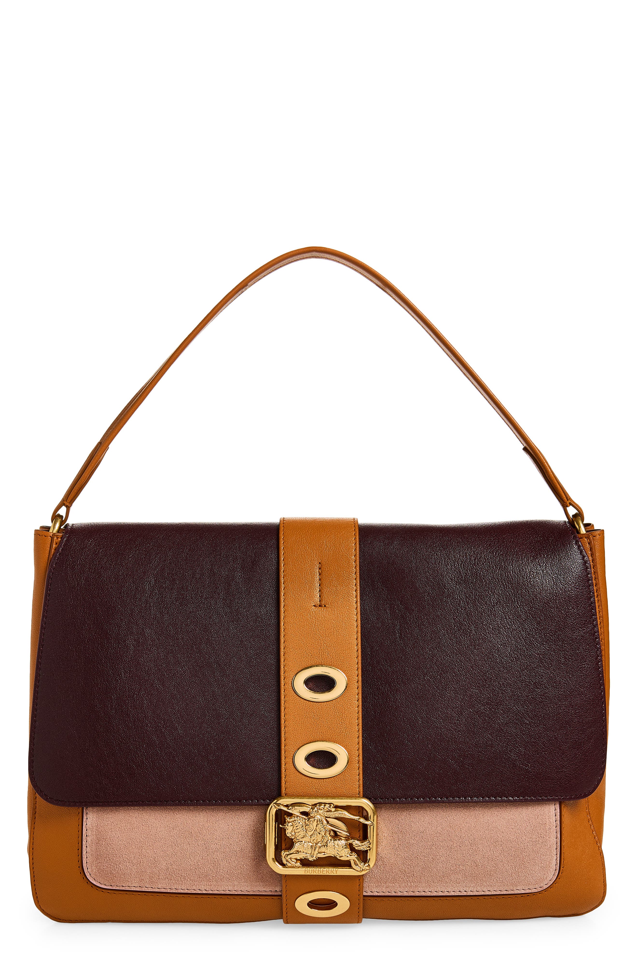 Burberry Medium Rider Colorblock Leather Top Handle Bag, Main, color, Vineyard/ Pink/ Brown