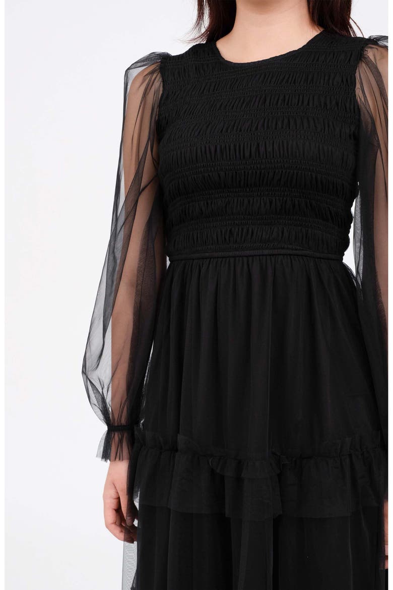 Long Sleeve Tulle Maxi Dress, Alternate, color, BLACK