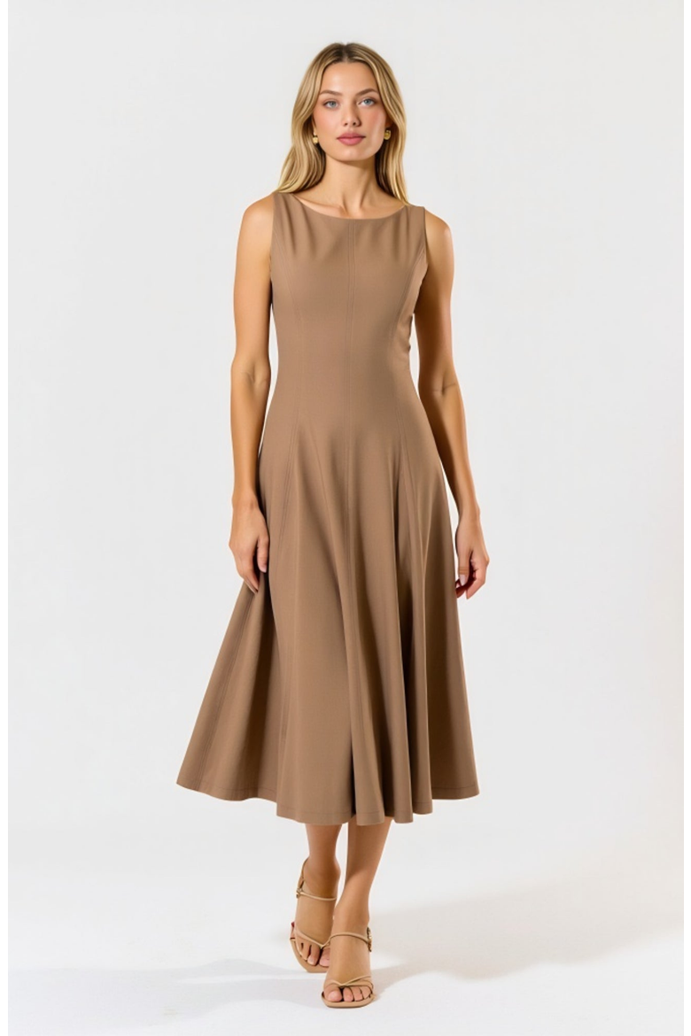 Sleeveless Boat Neck Fit and Flare Midi Dress with Seam Detailing, Alternate, color, Brown