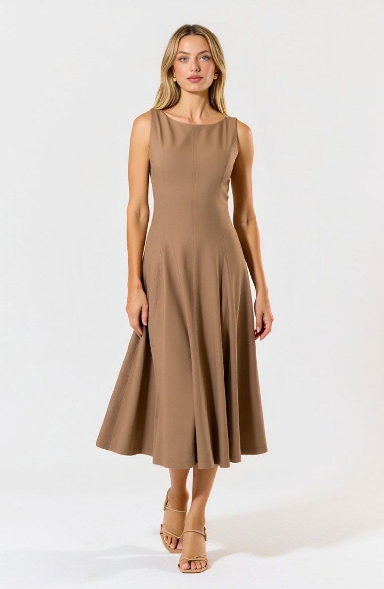 Modenaire Sleeveless Boat Neck Fit and Flare Midi Dress with Seam Detailing, Alternate, color, Brown
