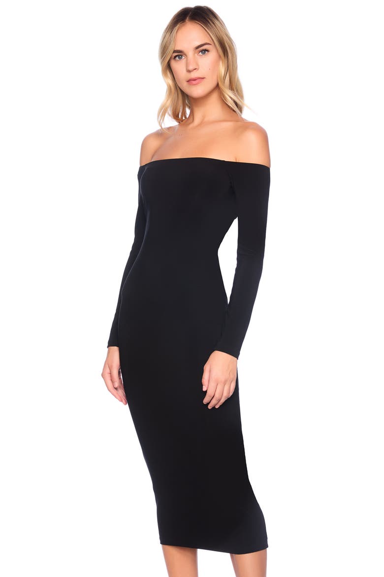Off the Shoulder Long Sleeve Matte Jersey Maxi Dress, Alternate, color, BLACK