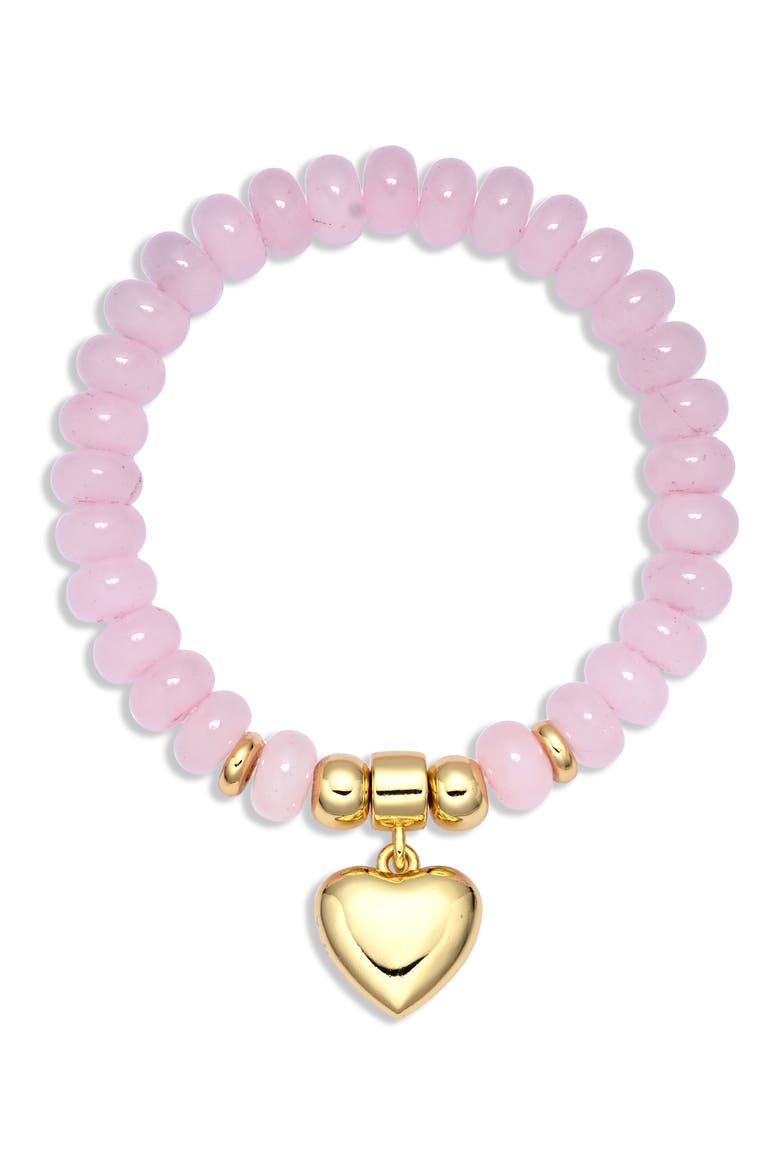 Amara Rose Quartz Heart Charm Stretch Bracelet, Main, color, GOLD