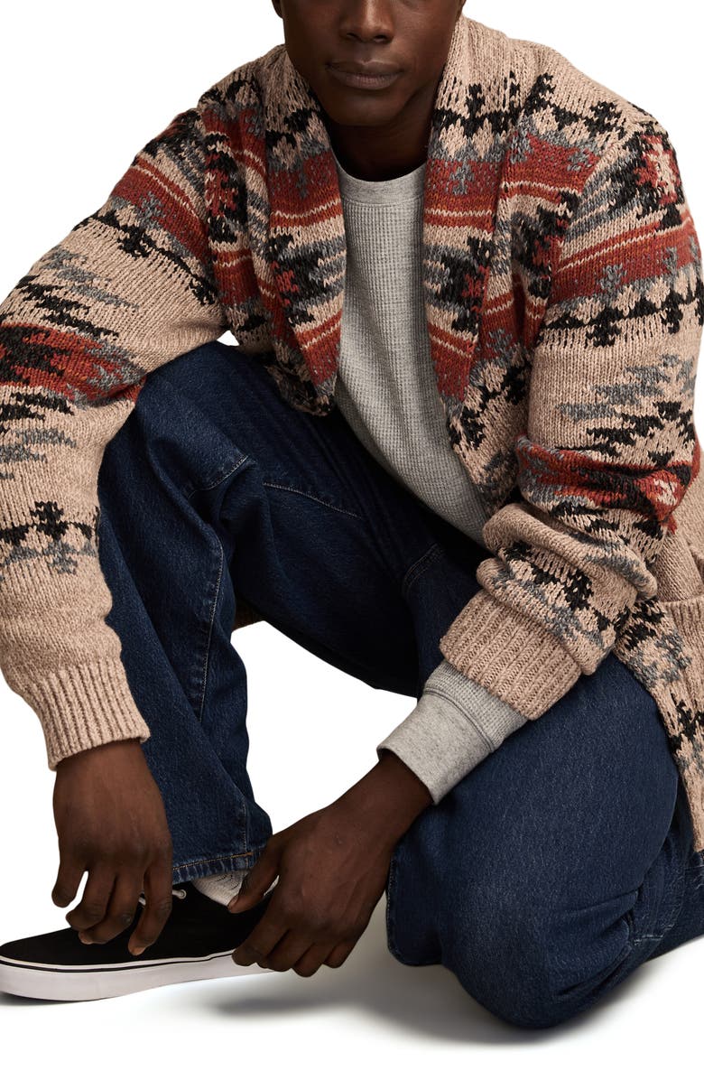 Lucky Brand Intarsia Blanket Cotton Shawl Collar Cardigan, Alternate, color, Neutral Combo