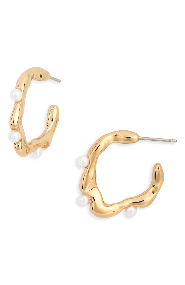 Ettika Wavy Faux Pearl Hoop Earrings, Main, color, Gold