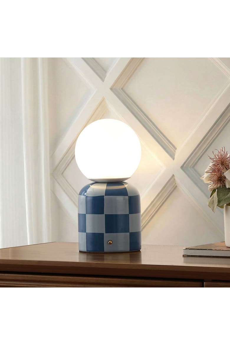 Zira Modern Checkerboard Ceramic Rechargeable Cordless Integrated Portable Dimmable with Frosted Globe Shade LED Table Lamp, Alternate, color, Light Blue/Dark Blue