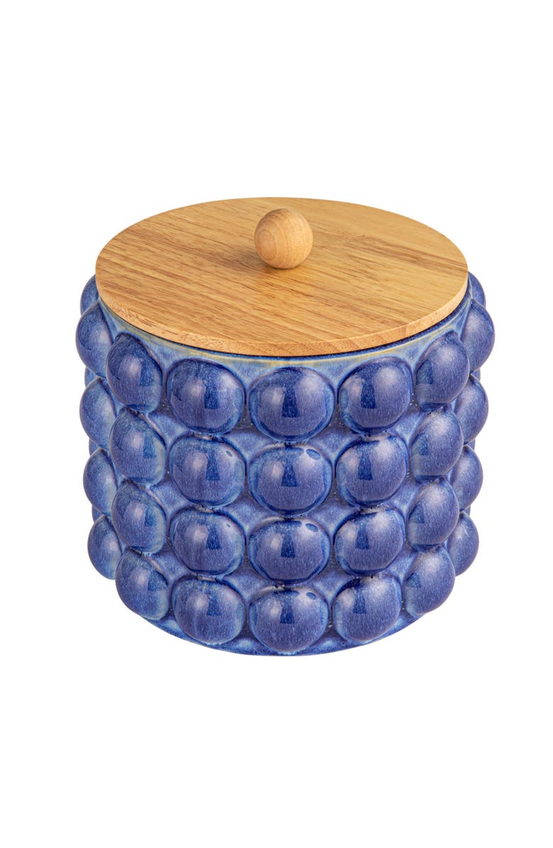 Storied Home Stoneware Canister with Raised Dots and Wood Lid and Reactive Glaze, Navy Color and Natural, Main, color, Blue
