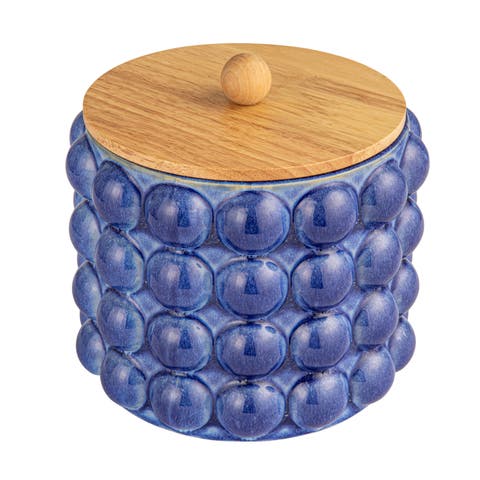 Stoneware Canister with Raised Dots and Wood Lid and Reactive Glaze, Navy Color and Natural