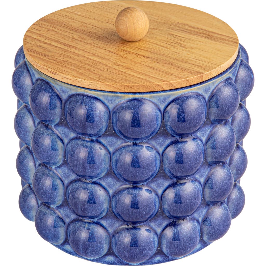 Storied Home Stoneware Canister With Raised Dots And Wood Lid And Reactive Glaze, Navy Color And Nat In Blue