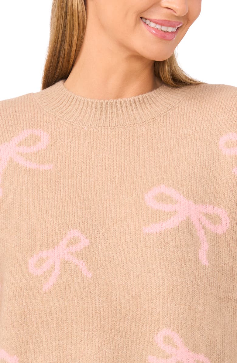 CeCe Bow Jacquard Crewneck Sweater, Alternate, color, Coastal Beige