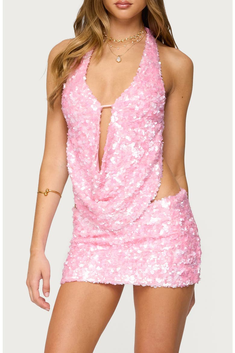 Lita Sequin Cowl Neck Open Back Halter Top, Main, color, LIGHT-PINK