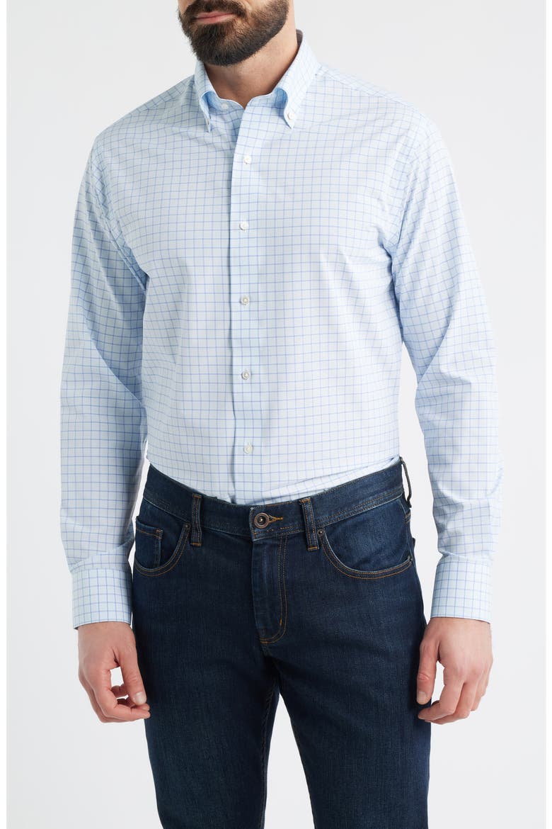 Rampart Tailored Fit Windowpane Check Performance Poplin Button-Down Shirt, Main, color, BLUE BRISK