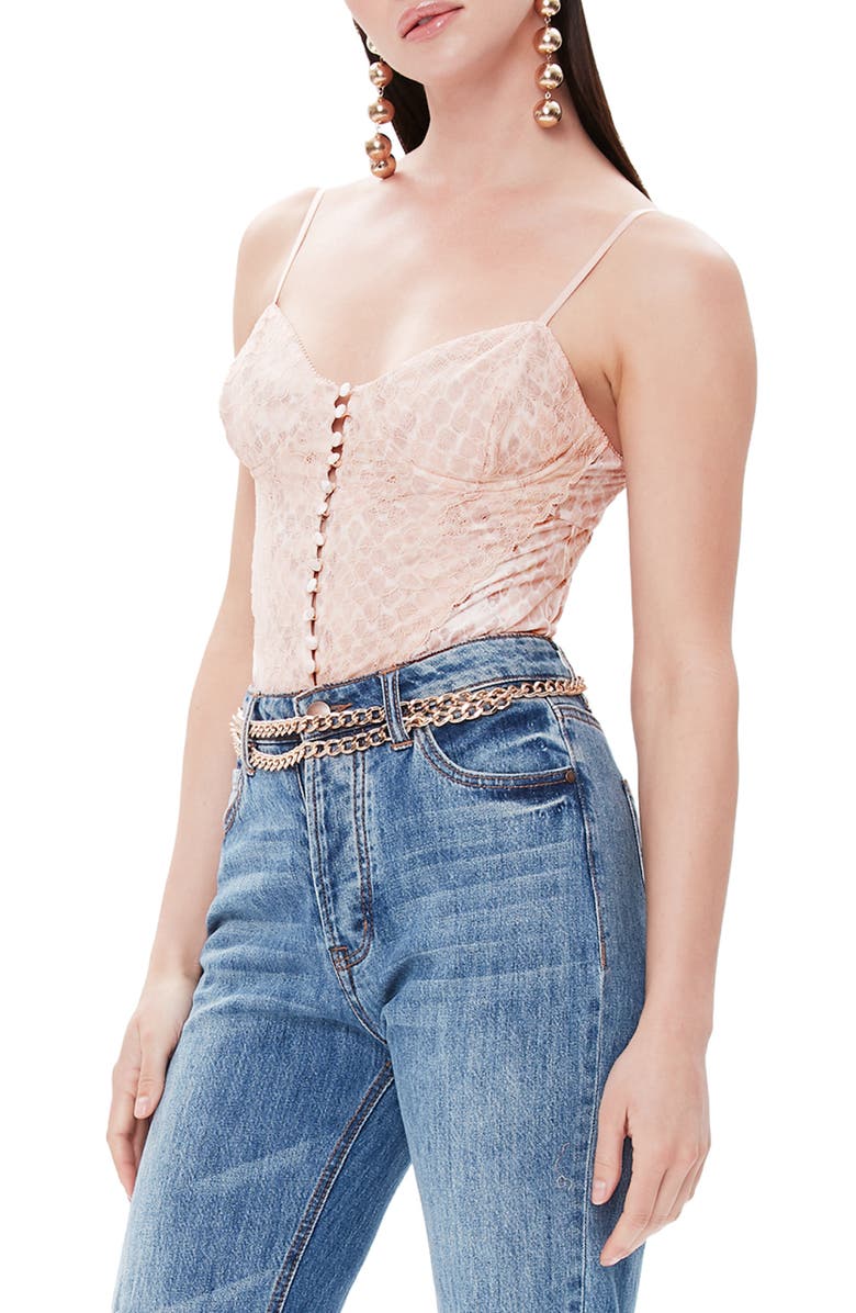 AFRM Mesh & Lace Sleeveless Thong Bodysuit, Main, color, Pastel Snakednu