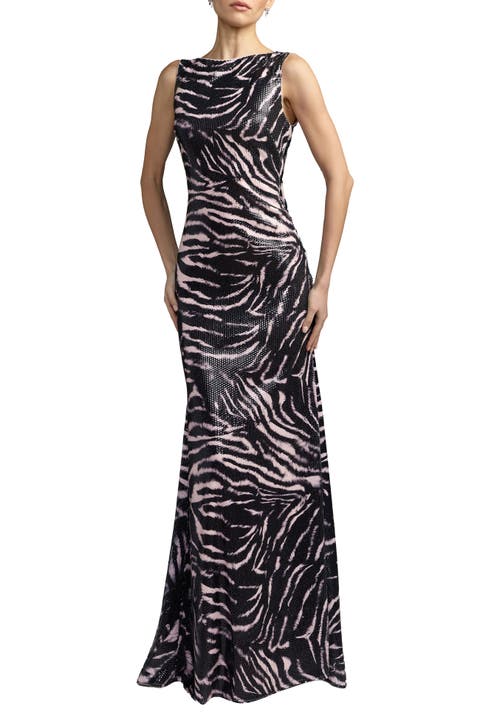 Tiger Print Cowl Back Sequin Gown