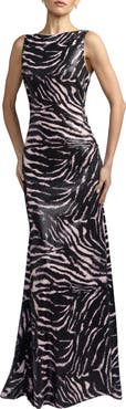 Mac Duggal Tiger Print Cowl Back Sequin Gown
