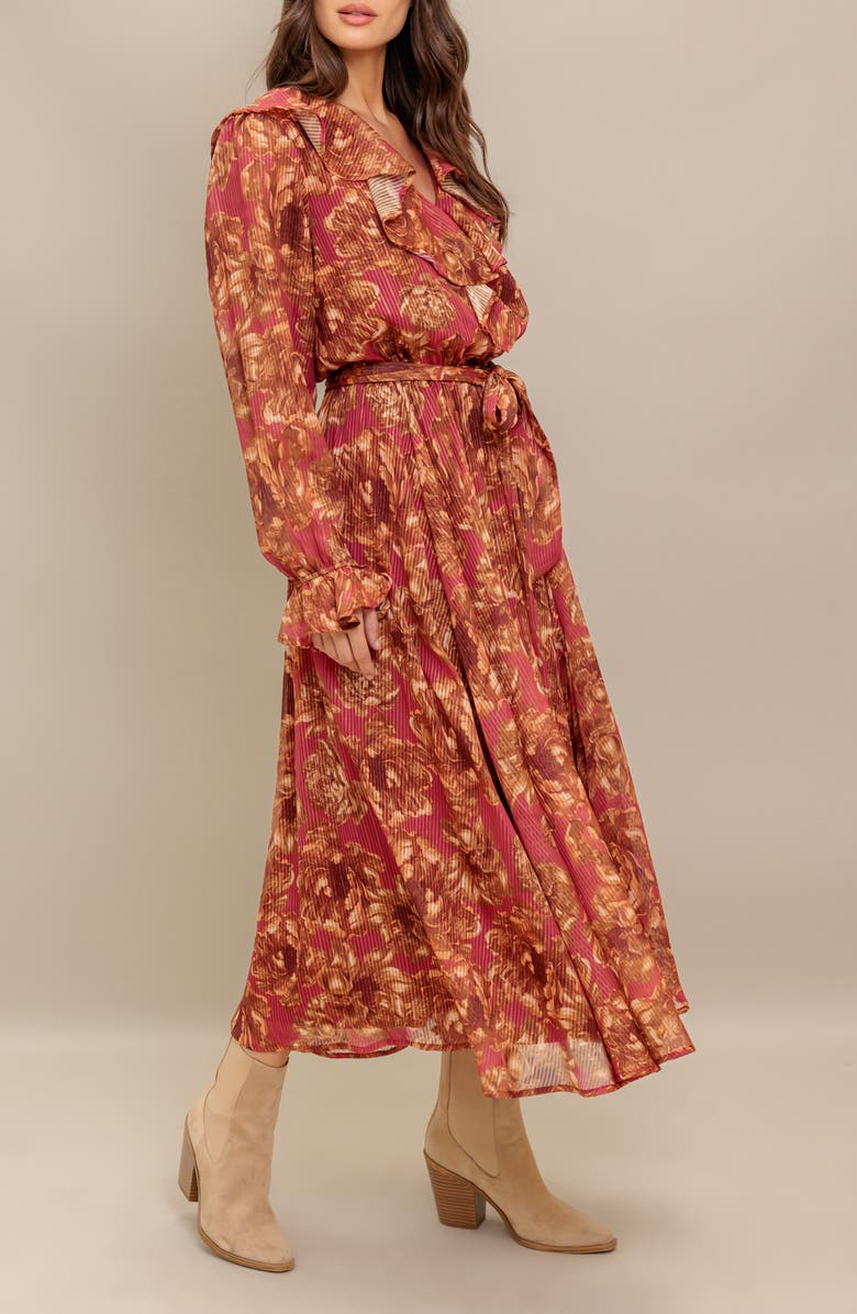 FLYING TOMATO Floral Long Sleeve Midi Dress, Alternate, color, Terracotta