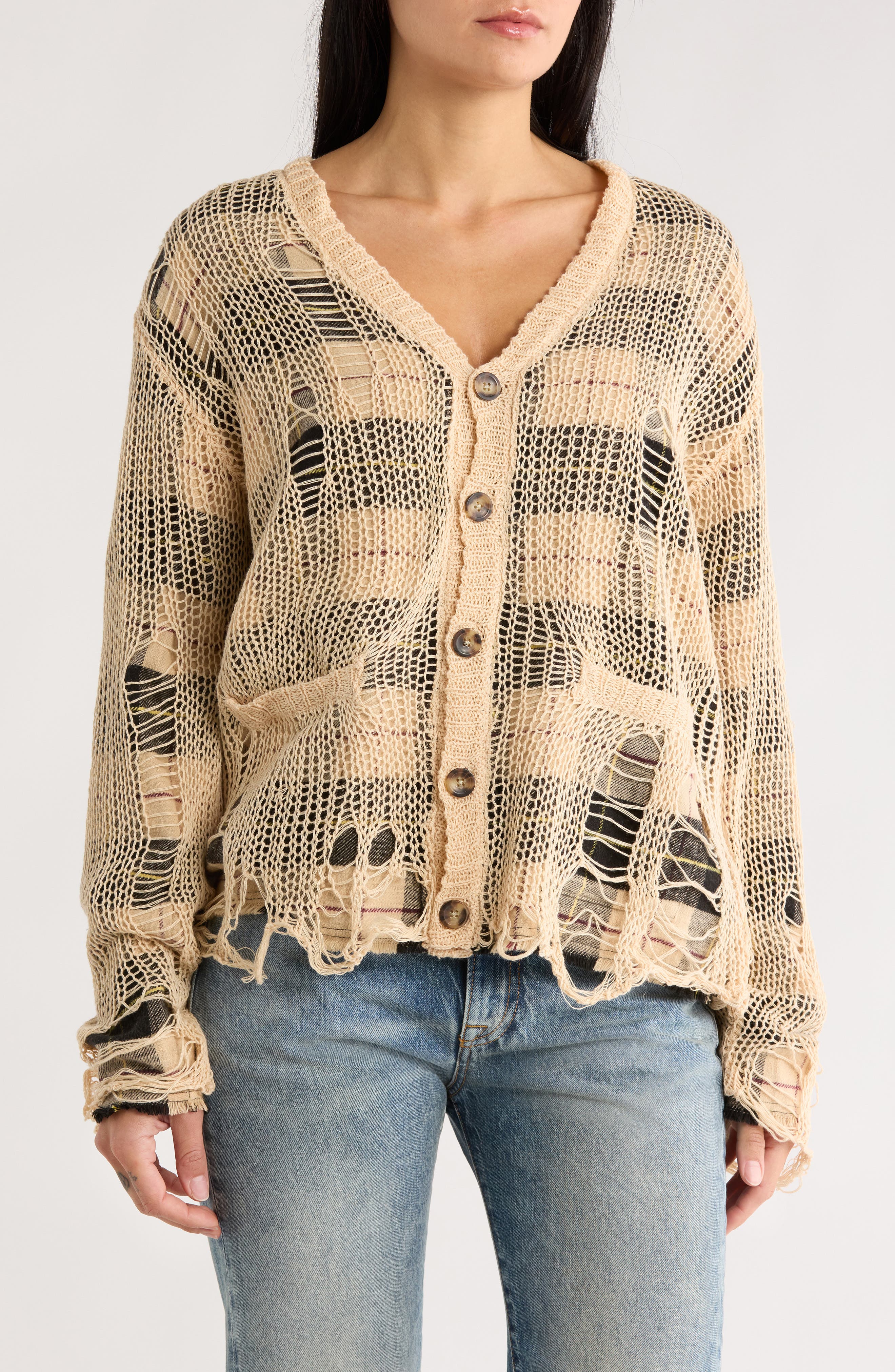 R13 Distressed Overlay Relaxed Flannel Cardigan
