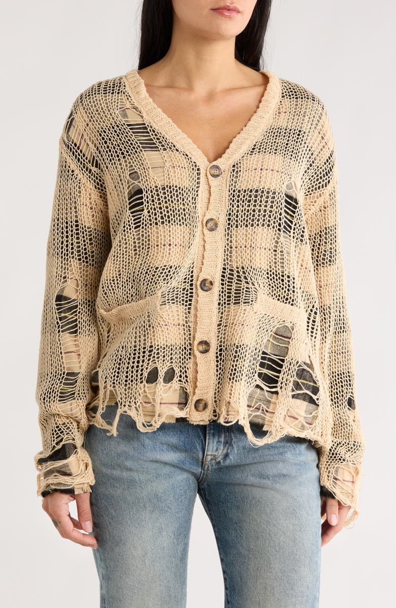 R13 Distressed Overlay Relaxed Flannel Cardigan, Main, color, 