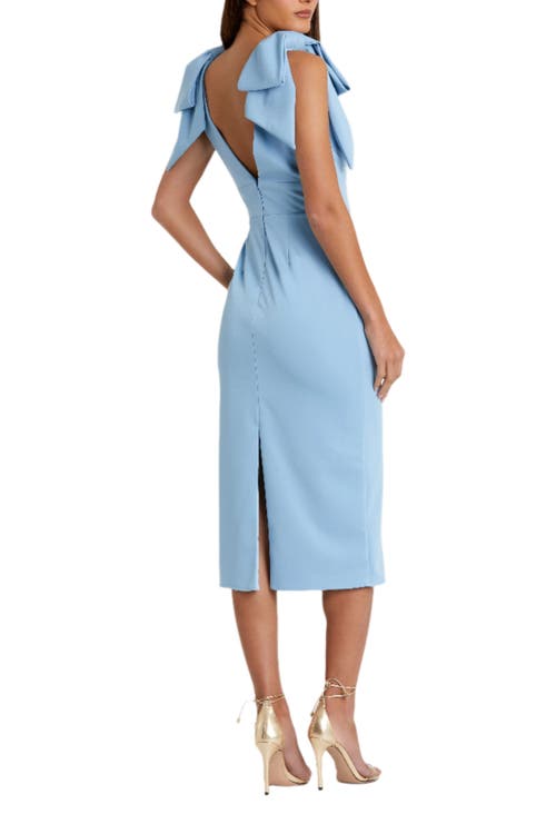 Mac Duggal Bow Strap Crepe Fitted Midi Dress In Powder Blue