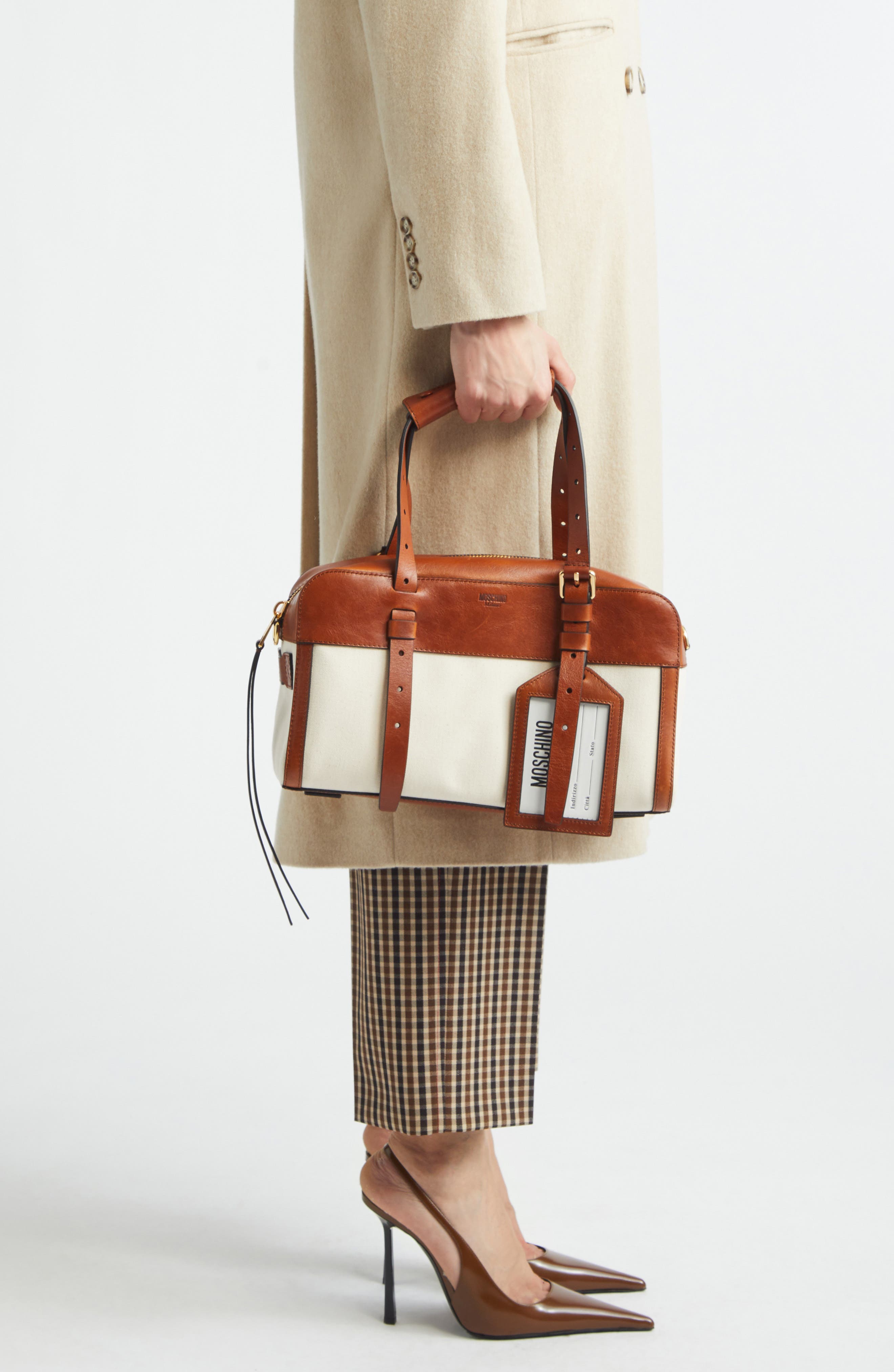 Moschino ID Leather & Canvas Shoulder Bag, Alternate, color, Natural/ Hide 10A Oo9