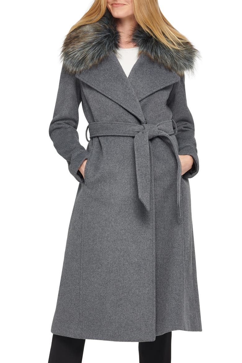 Belted Wool Blend Coat with Faux Fur Trim, Main, color, MED GREY