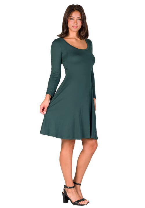 24seven Comfort Apparel Classic Long Sleeve Flared Mini Dress In Green